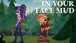 Size: 1920x1080 | Tagged: safe, derpibooru import, edit, edited screencap, editor:quoterific, screencap, sci-twi, sunset shimmer, twilight sparkle, equestria girls, equestria girls series, sunset's backstage pass!, spoiler:eqg series (season 2), caption, clothes, duo, duo female, female, geode of empathy, geode of telekinesis, magical geodes, mud, mud puddle, music festival outfit, outdoors, ponytail, trash talk