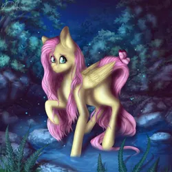 Size: 1280x1280 | Tagged: safe, artist:delfinaluther, derpibooru import, fluttershy, butterfly, insect, pegasus, pony, cute, everfree forest, in water, missing cutie mark, night, shyabetes, solo, wet