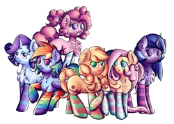 Size: 5358x3819 | Tagged: safe, artist:coco-drillo, derpibooru import, applejack, fluttershy, pinkie pie, rainbow dash, rarity, twilight sparkle, twilight sparkle (alicorn), alicorn, earth pony, pegasus, pony, unicorn, alternate hairstyle, blushing, braided tail, cheerful, chest fluff, clothes, collage, compilation, crossed hooves, cute, ear fluff, folded wings, freckles, group, horn, jumping, kneesocks, looking up, mane six, pigtails, rainbow socks, raised hoof, simple background, socks, standing, stockings, striped socks, thigh highs, transparent background, wings
