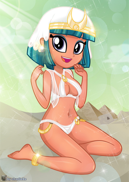 Size: 778x1098 | Tagged: suggestive, artist:charliexe, derpibooru import, somnambula, equestria girls, :d, absolute cleavage, adorasexy, anklet, barefoot, belly button, breasts, cleavage, cute, equestria girls-ified, feet, female, kneeling, looking at you, open mouth, sexy, smiling, solo, solo female, stupid sexy somnambula