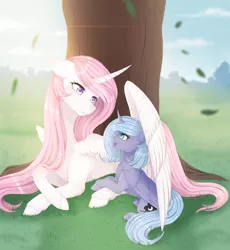 Size: 3030x3300 | Tagged: safe, artist:lanastein, derpibooru import, princess celestia, princess luna, alicorn, pony, duo, female, filly, leaves, pink-mane celestia, royal sisters, siblings, sisters, tree, woona, younger