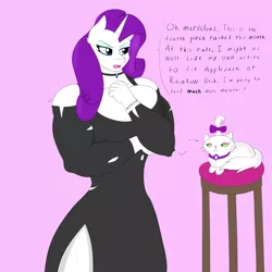 Size: 3000x3000 | Tagged: suggestive, artist:astrum, derpibooru import, opalescence, rarity, anthro, cat, unicorn, amazon, annoyed, biceps, bow, bracelet, breasts, busty rarity, choker, clothes, deltoids, dialogue, digital art, dress, duo, female, frown, gem, image, jewelry, lidded eyes, lying down, muscles, muscular female, necklace, onomatopoeia, open mouth, pet, pet collar, png, ripped rarity, simple background, stool, sweat, sweatdrop, talking, talking to herself, torn clothes, wardrobe malfunction