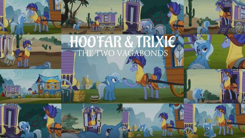 Size: 1280x720 | Tagged: safe, derpibooru import, editor:quoterific, hoo'far, trixie, pony, saddle arabian, unicorn, road to friendship, collage, female, hoo'far's wagon, male, mare, shipping, stallion, straight, trixfar, trixie's wagon