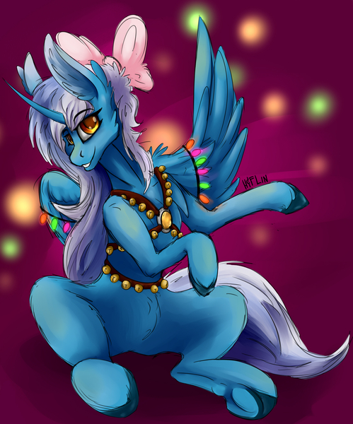 Size: 1725x2075 | Tagged: safe, artist:hyflin, derpibooru import, oc, oc:fleurbelle, unofficial characters only, alicorn, pony, alicorn oc, bells, bow, christmas, christmas lights, female, hair bow, harness, holiday, horn, jingle bells, lights, mare, solo, tack, wings
