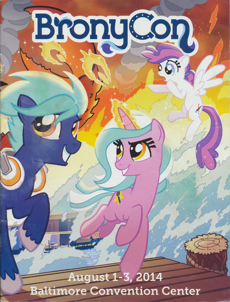 Size: 2494x3276 | Tagged: safe, artist:tonyfleecs, derpibooru import, oc, oc:blank canvas, oc:hoof beatz, oc:mane event, bronycon, bronycon 2014, bronycon 2014 con book, pier, water