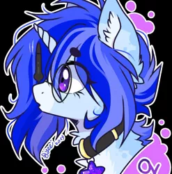 Size: 1016x1027 | Tagged: safe, artist:tenebristayga, derpibooru import, oc, oc:silent wolf, unofficial characters only, pony, unicorn, balancing, bust, collar, colored ear fluff, ear fluff, glasses, horn, markings, sideways, signature, solo, stylus, unicorn oc