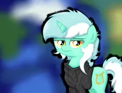 Size: 5411x4115 | Tagged: safe, artist:background basset, derpibooru import, lyra heartstrings, pony, unicorn, fanfic:background pony, blurred background, clothes, depressed, dig the swell hoodie, female, hoodie, mare, sad, solo