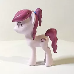 Size: 600x600 | Tagged: safe, artist:mraagh, derpibooru import, oc, oc:violet ray, unofficial characters only, earth pony, pony, 3d, 3d print, 3d printed, blender, cute, cutie mark, eyes closed, female, figurine, happy, magenta mane, mare, painted, photo, pink coat, ponytail, sfm pony, simple background, solo, standing, wavy mane