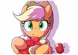 Size: 1457x1032 | Tagged: safe, artist:mochi_nation, derpibooru import, applejack, earth pony, pony, apple, bust, cute, female, food, jackabetes, looking at you, mare, simple background, solo, that pony sure does love apples, white background