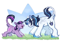 Size: 900x600 | Tagged: safe, artist:iouise, derpibooru import, shining armor, twilight sparkle, classical unicorn, pony, unicorn, bbbff, brother and sister, cloven hooves, colt, colt shining armor, cute, duo, female, filly, filly twilight sparkle, leonine tail, male, open mouth, siblings, simple background, transparent background, unicorn twilight, unshorn fetlocks, younger