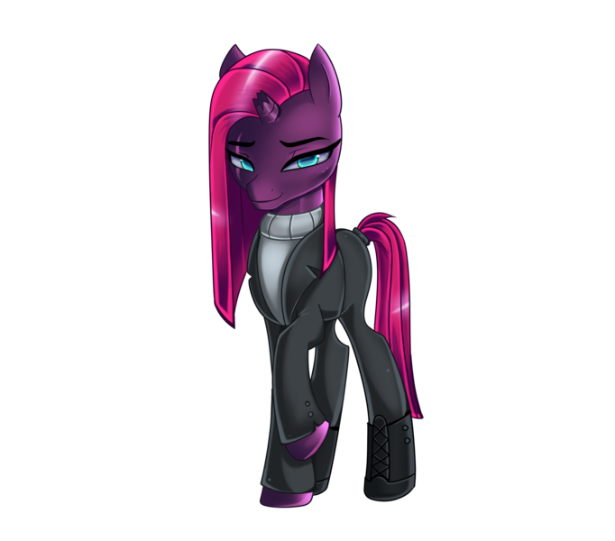 Size: 2500x2200 | Tagged: safe, artist:melanyschaffer, derpibooru import, fizzlepop berrytwist, tempest shadow, pony, unicorn, alternate hairstyle, boots, broken horn, clothes, coat, eye scar, female, horn, jeans, mare, pants, raised hoof, scar, shoes, simple background, solo, sweater, transparent background