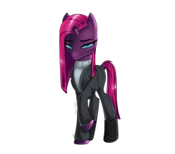 Size: 2500x2200 | Tagged: safe, artist:melanyschaffer, derpibooru import, fizzlepop berrytwist, tempest shadow, pony, unicorn, alternate hairstyle, boots, broken horn, clothes, coat, eye scar, female, horn, jeans, mare, pants, raised hoof, scar, shoes, simple background, solo, sweater, transparent background