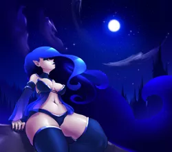 Size: 4500x4000 | Tagged: absurd resolution, artist:faejunkie, belly button, breasts, cleavage, clothes, derpibooru import, elf ears, forest, human, humanized, looking up, moon, night, princess luna, sitting, socks, stars, stockings, suggestive, thigh highs, thighs, thunder thighs, tree