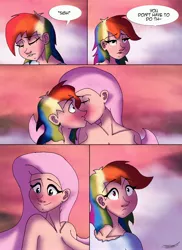 Size: 2978x4096 | Tagged: suggestive, artist:ringteam, derpibooru import, fluttershy, rainbow dash, human, comic:a certain confession, blushing, breasts, busty fluttershy, comic, eyes closed, female, flutterdash, humanized, kissing, lesbian, nudity, shipping, speech bubble