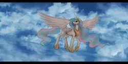 Size: 3500x1765 | Tagged: safe, artist:ventious, derpibooru import, princess celestia, alicorn, pony, cloud, dutch angle, female, letterboxing, looking up, mare, sky, solo, spread wings, water, wings, wip