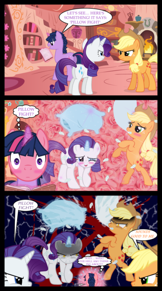 Size: 1280x2300 | Tagged: safe, artist:bigsnusnu, derpibooru import, applejack, rarity, twilight sparkle, earth pony, unicorn, comic:dusk shine in pursuit of happiness, angry, blushing, dusk shine, glare, imagination, pillow, pillow fight, rule 63