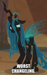 Size: 500x797 | Tagged: safe, derpibooru import, edit, edited screencap, screencap, queen chrysalis, changeling, changeling queen, pony, frenemies (episode), abuse, cropped, crown, evil lair, female, frown, grogar's lair, imgflip, jewelry, lair, mare, op is a duck, op is trying to start shit, regalia, sad, solo, spread wings, standing, wings, worst changeling, worst pony