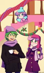 Size: 2100x3500 | Tagged: safe, artist:riouku, derpibooru import, princess flurry heart, spike, sweetie belle, human, blushing, clothes, commission, female, flurry the shipper, hearth's warming eve, holly, holly mistaken for mistletoe, humanized, male, shipper on deck, shipping, spikebelle, staircase, straight, uncle spike, winter outfit