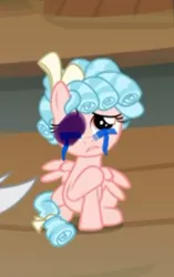 Size: 226x361 | Tagged: semi-grimdark, derpibooru import, edit, edited screencap, screencap, cozy glow, pegasus, pony, frenemies (episode), 1000 hours in ms paint, abuse, abuse edit, background pony strikes again, black eye, cozybuse, cropped, crying, female, filly, op is a duck, op is trying to start shit, solo, spread wings, wings