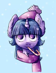 Size: 2903x3806 | Tagged: safe, artist:coco-drillo, derpibooru import, twilight sparkle, pony, unicorn, beanie, bust, candy, candy cane, chest fluff, clothes, ear fluff, food, hat, lollipop, portrait, scarf, simple background, snow, snowfall, solo, winter