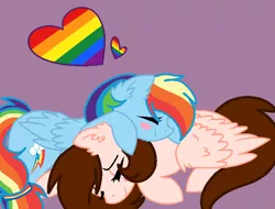 Size: 840x639 | Tagged: safe, artist:alari1234-bases, artist:circuspaparazzi5678, derpibooru import, rainbow dash, oc, oc:breanna, pegasus, pony, base used, blushing, canon x oc, duskyverse, eyes closed, female, gay pride flag, heart, lesbian, mare, pride, pride flag, purple background, shipping, simple background, sleeping, smiling