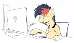 Size: 1467x858 | Tagged: safe, artist:draconidsmxz, derpibooru import, oc, oc:draconidsmxz, unofficial characters only, earth pony, pony, computer, drawing tablet, messy mane, mouth hold, sitting, solo