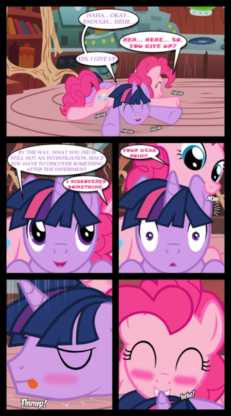 Size: 1280x2300 | Tagged: safe, artist:bigsnusnu, derpibooru import, pinkie pie, twilight sparkle, earth pony, pony, unicorn, comic:dusk shine in pursuit of happiness, biting, blushing, book, bookshelf, dusk shine, duskpie, ear bite, female, half r63 shipping, lesbian, male, nom, rule 63, shipping, stallion, straight, teasing, twinkie