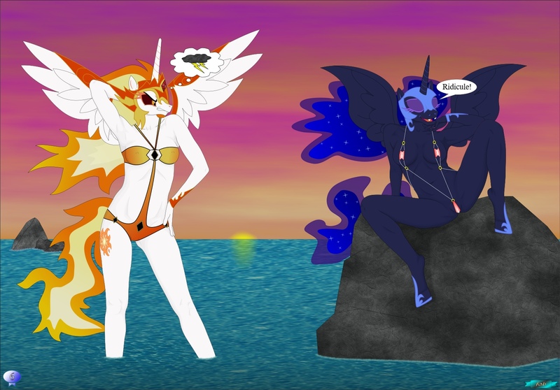 Size: 1545x1077 | Tagged: questionable, artist:fab3716, derpibooru import, daybreaker, nightmare moon, alicorn, anthro, comic:epic bikini, comic:epic bikini part 4, beach, bikini, breasts, clothes, image, jpeg, my little pony, sling bikini, swimsuit