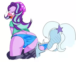 Size: 2639x2160 | Tagged: suggestive, artist:smoker, derpibooru import, starlight glimmer, trixie, equestria girls, blue underwear, butt, butt crack, clothes, embarrassed, embarrassed underwear exposure, glimmer glutes, panties, panty shot, underwear