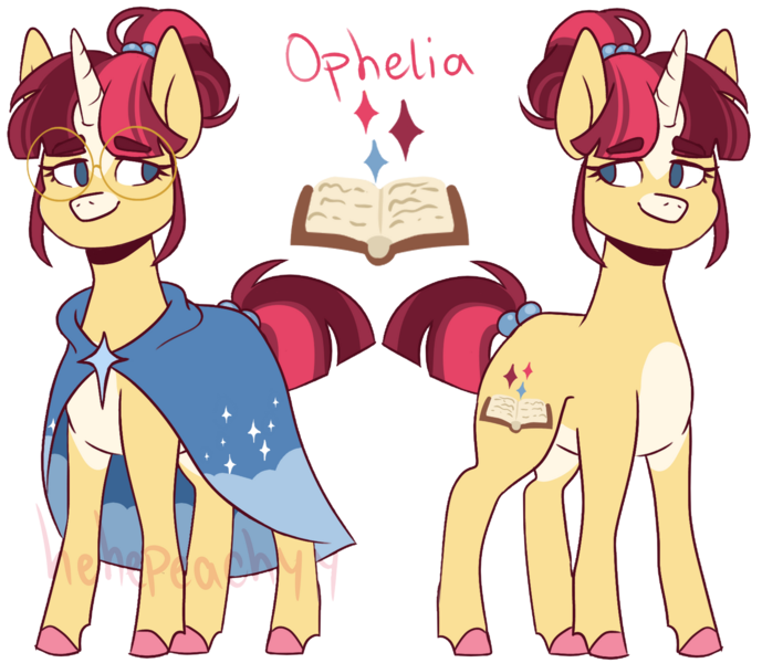 Size: 1280x1115 | Tagged: safe, artist:hehepeachyy, derpibooru import, oc, oc:ophelia, pony, unicorn, cloak, clothes, female, glasses, mare, offspring, pale belly, parent:sunburst, parent:twilight sparkle, parents:twiburst, simple background, solo, transparent background, watermark