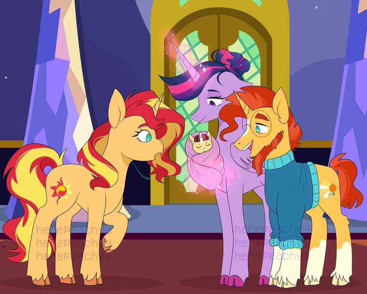 Size: 1280x1024 | Tagged: safe, artist:estories, artist:hehepeachyy, derpibooru import, sunburst, sunset shimmer, twilight sparkle, twilight sparkle (alicorn), oc, oc:ophelia, alicorn, pony, unicorn, baby, baby pony, brother and sister, clothes, female, filly, foal, hair bun, levitation, magic, male, mare, obstructive watermark, offspring, parent:sunburst, parent:twilight sparkle, parents:twiburst, shipping, siblings, stallion, straight, sunny siblings, sweater, telekinesis, twiburst, twilight's castle