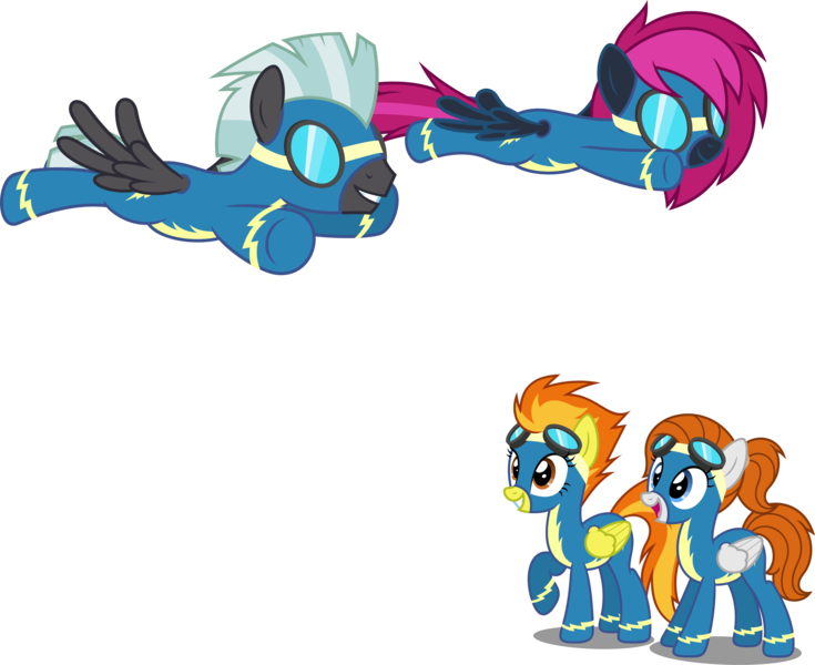 Size: 3751x3060 | Tagged: safe, artist:zacatron94, derpibooru import, spitfire, thunderlane, oc, oc:neon flare, oc:sky chase, pegasus, pony, clothes, commission, goggles, high res, simple background, transparent background, uniform, vector, wonderbolts uniform