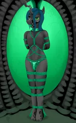 Size: 1200x1920 | Tagged: anthro, arm behind back, artist:quakehoof, ballgag, bondage, box tied, bridle, changeling, changeling queen, choker, derpibooru import, female, femboy, femsub, gag, horn, horn ring, jewelry, king metamorphosis, magic suppression, male, missing accessory, pole tied, queen chrysalis, ring, rope, rope bondage, rule 63, shibari, solo, solo male, standing, submissive, suggestive, tack, underwear bulge, unguligrade anthro