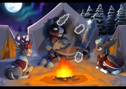 Size: 1170x830 | Tagged: safe, artist:lastnight-light, derpibooru import, oc, oc:forge, oc:holly, oc:pallas pommel, unofficial characters only, deer, pony, reindeer, unicorn, aurora borealis, campfire, fire, horns, moon, night, snow, sword, tent, tree, weapon