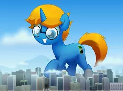 Size: 800x590 | Tagged: safe, artist:jhayarr23, derpibooru import, oc, oc:jack chestnut, pony, unicorn, building, city, cloud, giant pony, glasses, macro, male, solo, stallion