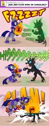 Size: 1000x2562 | Tagged: safe, artist:zoarvek, derpibooru import, oc, oc:pun, changeling, pony, ask pun, agent 707, armor, ask, bipedal, bug spray, comic, crushed, insecticide, night guard armor, tongue out