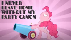 Size: 1920x1080 | Tagged: safe, derpibooru import, edit, edited screencap, editor:quoterific, screencap, pinkie pie, earth pony, pony, sweet and elite, bipedal, cannon, caption, female, mare, misspelling, nose in the air, party cannon, pinkamena diane pie, scary, solo