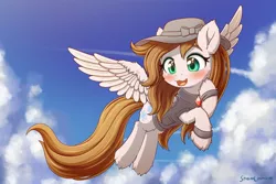 Size: 1920x1280 | Tagged: safe, artist:symbianl, derpibooru import, oc, oc:brisk snow, pegasus, pony, blushing, clothes, cloud, cute, female, flying, hat, ocbetes, solo