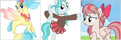 Size: 800x267 | Tagged: safe, derpibooru import, screencap, angel wings, lighthoof, princess skystar, earth pony, pegasus, pony, seapony (g4), my little pony: the movie, cropped, holding leg, looking at you, simple background, standing, standing on one leg, transparent background, vector, votes, white background