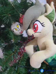 Size: 3024x4032 | Tagged: artist:shappy the lamia, caption, christmas, christmas lights, christmas tree, derpibooru import, derpy hooves, holiday, hybrid, image macro, lamia, oc, oc:shappy, original species, photo, pine tree, plushie, plushies shy, realistic, real life background, safe, scales, semi-anthro, slit eyes, snake eyes, solo, text, tree