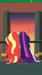 Size: 1078x1922 | Tagged: safe, artist:jcpreactyt, derpibooru import, sci-twi, sunset shimmer, twilight sparkle, equestria girls, equestria girls series, bed, clothes, couple, curtains, female, hair, hugs needed, hugs?, lesbian, pun, relationship, scitwishimmer, shipping, sitting, skirt, sunset, sunsetsparkle, sunshine shimmer, together, window