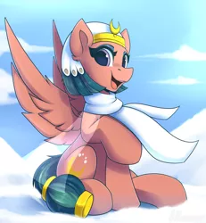 Size: 1850x2000 | Tagged: safe, artist:shadowreindeer, derpibooru import, somnambula, pegasus, pony, clothes, cute, female, looking at you, mare, open mouth, raised hoof, scarf, sitting, smiling, snow, solo, somnambetes, winter