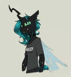 Size: 1200x1300 | Tagged: safe, artist:sinrar, derpibooru import, queen chrysalis, anthro, changeling, changeling queen, clothes, ear piercing, earring, female, gray background, jewelry, piercing, shirt, simple background, smiling, solo, t-shirt