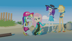 Size: 853x480 | Tagged: safe, artist:aquilateagle, derpibooru import, applejack, fluttershy, rainbow dash, rarity, aww... baby turtles, equestria girls, equestria girls series, 3d, absurd file size, absurd gif size, animated, beach, blender, clothes, female, geode of fauna, geode of super speed, geode of super strength, gif, hat, magical geodes, ocean, recreation, sandals, sarong, swimsuit, wetsuit