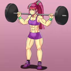 Size: 800x800 | Tagged: safe, artist:tzc, derpibooru import, sour sweet, equestria girls, abs, anime, belly button, blushing, breasts, busty sour sweet, clothes, commission, dumbbell (object), female, fetish, gritted teeth, gym shorts, muscle fetish, muscles, muscular female, pink background, ponytail, shoes, shorts, simple background, sneakers, socks, solo, sour swole, sports bra, sports shorts, sweat, tomboy, weight lifting, wristband