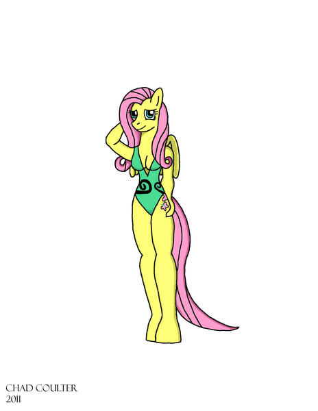 Size: 1700x2200 | Tagged: anthro, arm behind head, artist:baroquewolfe, breasts, cleavage, clothes, derpibooru import, fluttershy, green swimsuit, looking at you, one-piece swimsuit, safe, shy, simple background, solo, swimsuit, tail, unguligrade anthro, white background, wings