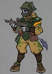 Size: 2480x3508 | Tagged: safe, artist:tass_the_bovine, derpibooru import, anthro, earth pony, pony, unguligrade anthro, alternate timeline, alternate universe, dieselpunk, dieselpunk equestria, gun, outfit, shock trooper, solo, weapon, yakponia, yakponian