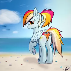 Size: 3000x3000 | Tagged: safe, alternate version, artist:colourwave, derpibooru import, oc, oc:colourwave, pegasus, pony, beach, bedroom eyes, blushing, butt, clothes, cloud, dock, female, frog (hoof), heart, heart eyes, helicopter, holiday, looking at you, looking back, looking back at you, mare, panties, pegasus oc, sky, smiling, solo, swimsuit, underhoof, underwear, water, wingding eyes, wings
