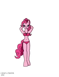 Size: 1700x2200 | Tagged: safe, artist:baroquewolfe, derpibooru import, pinkie pie, anthro, unguligrade anthro, bedroom eyes, belly button, bikini, clothes, looking at you, pink swimsuit, simple background, smiling at you, solo, swimsuit, tail, white background