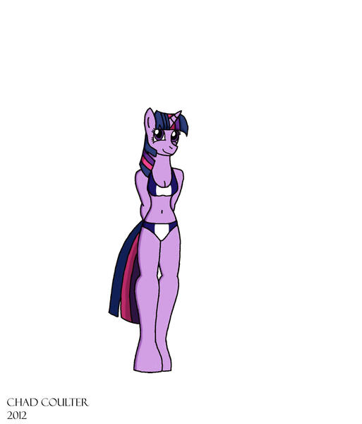 Size: 2000x2337 | Tagged: safe, artist:baroquewolfe, derpibooru import, twilight sparkle, alicorn, anthro, unguligrade anthro, arm behind back, belly button, bikini, blue swimsuit, breasts, cleavage, clothes, cute, horn, looking at you, simple background, smiling at you, solo, swimsuit, tail, twiabetes, twilight sparkle (alicorn), white background